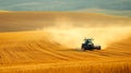 Dynamic Farmer Driving Tractor in Golden Field