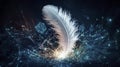 Dynamic feather rising amidst digital sparks futuristic setting abstract art creative perspective