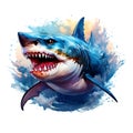Dynamic, fierce shark lunging forward with sharp teeth and splashes of water. A vivid, artistic depiction, Undersea animals.