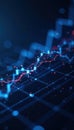Dynamic financial graph glowing blue nodes and lines on dark background complex glow trading