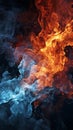 Dynamic fire and ice elements blend against a black background