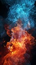 Dynamic fire and ice elements blend against a black background