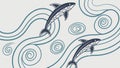 Dynamic Fish Leaping in Swirling Ocean Waves Pattern, vector design Generative AI Royalty Free Stock Photo