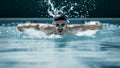 Dynamic and fit swimmer in cap breathing performing the butterfly stroke Royalty Free Stock Photo