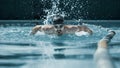 Dynamic and fit swimmer in cap breathing performing the butterfly stroke Royalty Free Stock Photo