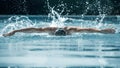 Dynamic and fit swimmer in cap breathing performing the butterfly stroke Royalty Free Stock Photo