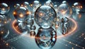 Dynamic floating glass orbs with glowing inner cores and refracted light patterns scattered over a reflective surface designed Royalty Free Stock Photo