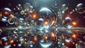 Dynamic floating glass orbs with glowing inner cores and refracted light patterns scattered over a reflective surface designed Royalty Free Stock Photo
