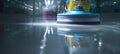Dynamic Floor Cleaning Process with Water Reflections and Scrubber Focus Royalty Free Stock Photo