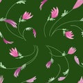 Dynamic floral background on a green background. Pink and lilac flowers. Vector illustration. Royalty Free Stock Photo