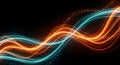 Dynamic flowing orange and cyan light energy waves curves with floating golden particles, abstract technology digital motion Royalty Free Stock Photo