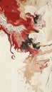 Dynamic flowing paint in red, beige, and black abstract patterns