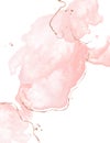 Dynamic fluid pink art with watercolor splashes wnd golden glitter strokes. Glamour wedding decoration. Tender rose gold