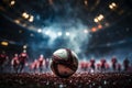Dynamic focus, footballers powerful strike on free-kick point, soccer ball in spotlight