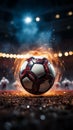 Dynamic focus, footballers powerful strike on free-kick point, soccer ball in spotlight