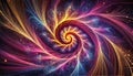 Dynamic fractal patterns in neon gradients, spiraling endlessly into a glowing central core created using generative AI for