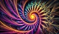 Dynamic fractal patterns in neon gradients, spiraling endlessly into a glowing central core created using generative AI for