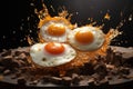 Dynamic fried eggs splash on hot skillet Royalty Free Stock Photo