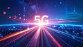 Dynamic futuristic visualization of 5G network speed illuminating an urban landscape at night with vibrant light trails and data Royalty Free Stock Photo