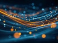 Dynamic glowing abstract lines with blue and orange light particles creating a sense of flow and movement in a futuristic digital Royalty Free Stock Photo
