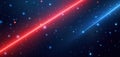 Dynamic glowing red, blue backdrop with diagonal light rays. Stars scattered throughout background create sense of space, motion. Royalty Free Stock Photo
