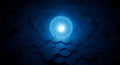Dynamic glowing sphere illuminates dark hexagonal grid, symbolizing innovation and data Royalty Free Stock Photo
