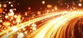 Dynamic golden light trails with sparkling bokeh effects creating a vibrant, energetic atmosphere, copy space for text