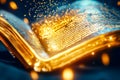 Dynamic golden text floats from an ancient magical contract, illuminating the dark surroundings with enchantment