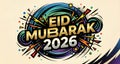 Colorful eid mubarak 2026 graphic design with dynamic swirls and festive elements Royalty Free Stock Photo