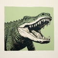Dynamic Green Alligator Linocut Exaggerated Facial Expressions In Large Format Film Style