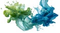 Dynamic green and blue paint splashes merging and swirling in fluid motion Royalty Free Stock Photo