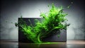 Dynamic green liquid explosion behind a dark panel. Generative AI Royalty Free Stock Photo