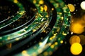 Dynamic green and yellow binary code stream representing data transfer and technology
