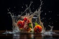 Dynamic high-speed capture of peach splash in water on dramatic black background for stock photography