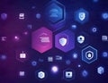 A dynamic, high-tech visual composition of interlocking hexagons in various shades of deep blue and Royalty Free Stock Photo