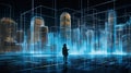 A dynamic hologram shifts through a myriad of digital landscapes Ã¢â¬â from a bustling digital city to swirling data streams.