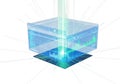 Dynamic holographic data cube displays advanced analytics, charts, and digital information streams Royalty Free Stock Photo