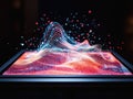 Dynamic holographic display showcasing vibrant wave patterns and particles