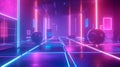 A dynamic, holographic platform for product display, set in a futuristic metaverse filled with