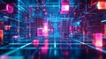A dynamic, holographic platform for product display, set in a futuristic metaverse filled with