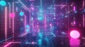 A dynamic, holographic platform for product display, set in a futuristic metaverse filled with