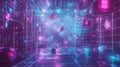 A dynamic, holographic platform for product display, set in a futuristic metaverse filled with