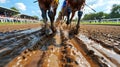 Dynamic horse racing action view from below capturing powerful hooves in motion