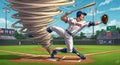 A dynamic illustration of a baseball player in a stadium. The player, dressed in a white Royalty Free Stock Photo
