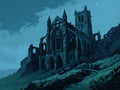 A Ruined Abbey on the Hilltop, 1950s Comic Style Illustration, AI Generative