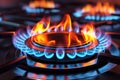 Dynamic illustration captures gas burners vivid blue orange flame intricacies