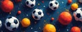 Dynamic illustration of colorful soccer balls on dark space backdrop. Vibrant abstract pattern features classic black, white Royalty Free Stock Photo