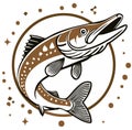 Dynamic illustration of a northern pike jumping, stylized fishing emblem vector graphic Royalty Free Stock Photo