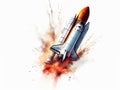 Dynamic Illustration of rocket launch with flames, in the style of semi-realistic pencil and aquarelle isolated on white