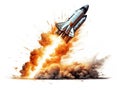 Dynamic Illustration of rocket launch with flames, in the style of semi-realistic pencil and aquarelle isolated on white